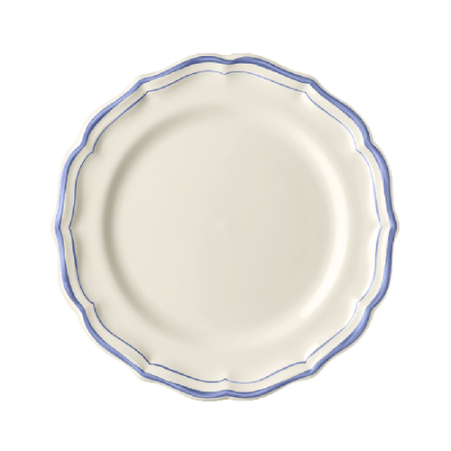 The Filet collection evokes everyday elegance with classic blue and white paired with scalloped trim. Delicate brush strokes are hand-drawn on the contours of each shell-shaped piece. 9 1/8