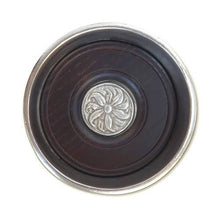 Load image into Gallery viewer, The stylish antique styled pewter bottle coaster is a practical way to protect your table and a beautiful way to serve your favorite wines. Wood insert. 3.9&quot;Diameter

