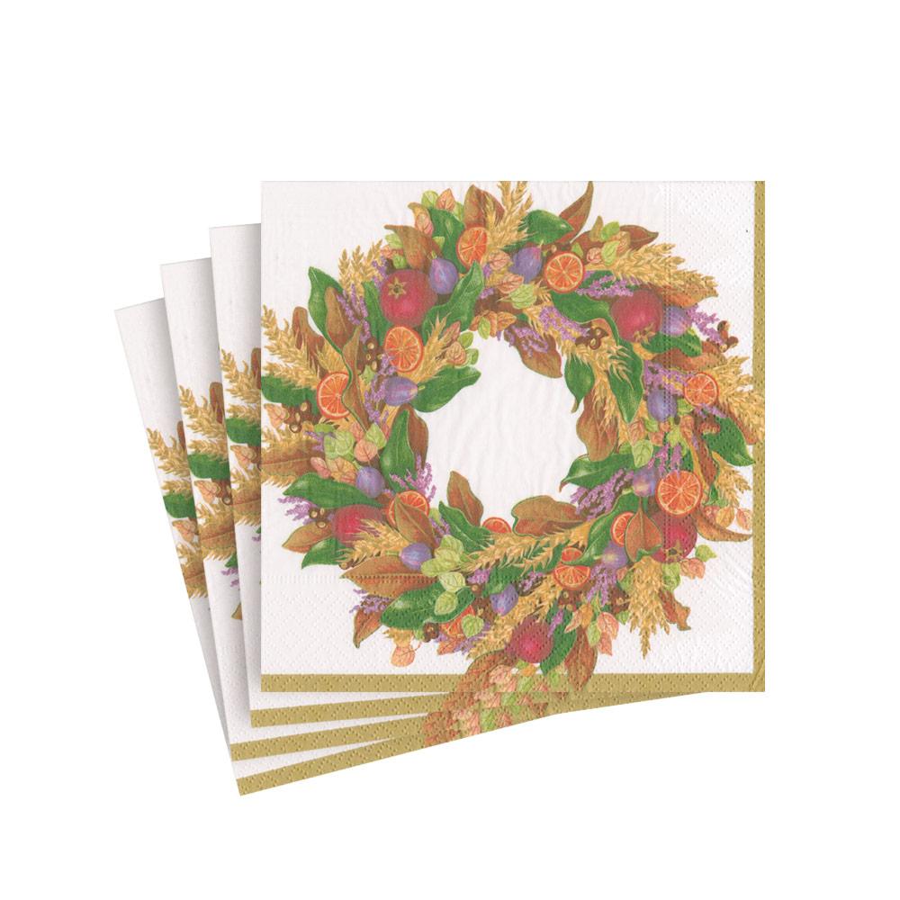 Autumn Wreath Paper Cocktail Napkins in Ivory, 20ct