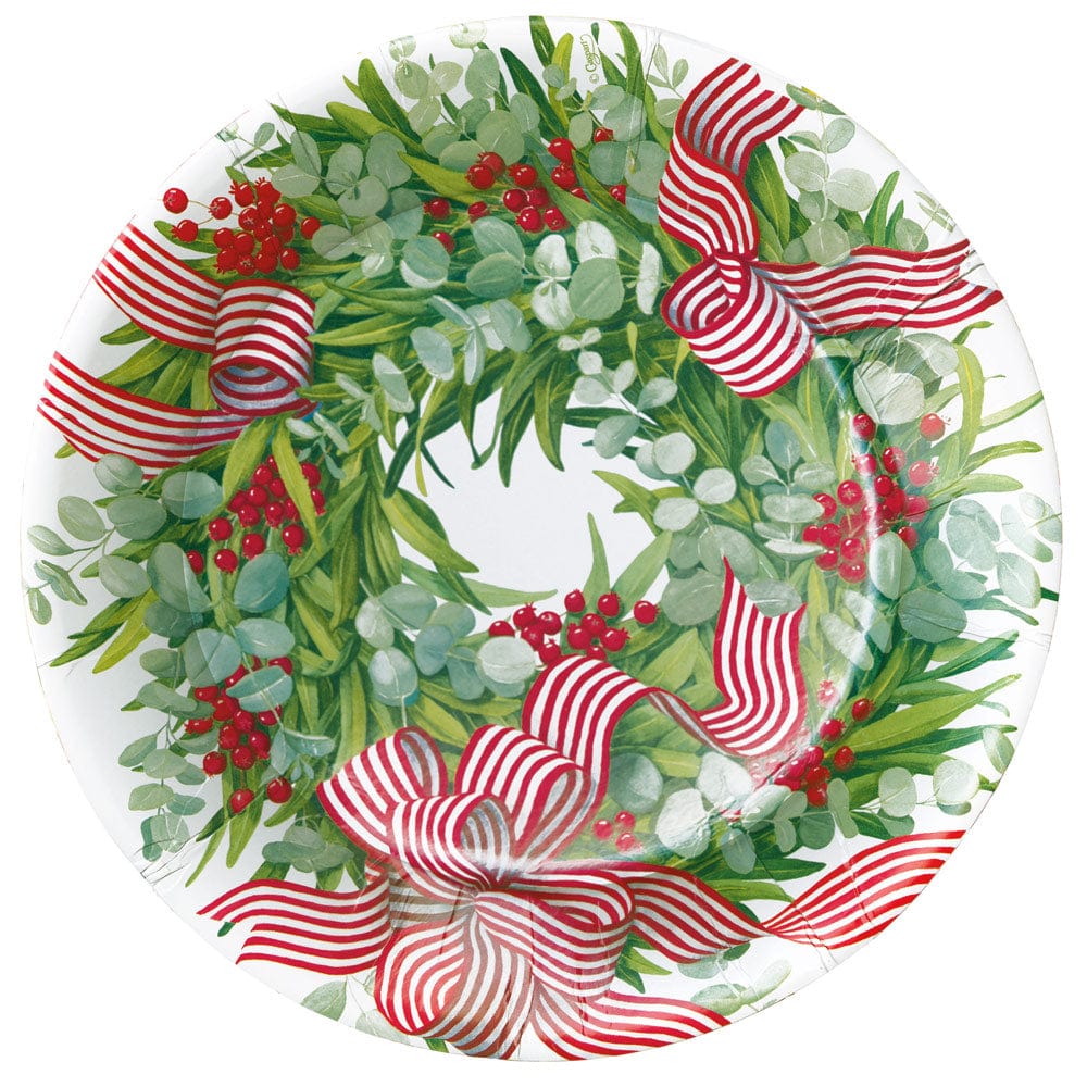 Ribbon Stripe Wreath Dinner Plates- 8 Per Package