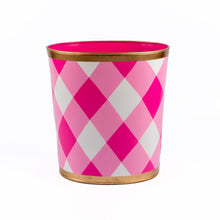 Load image into Gallery viewer, Buffalo Plaid Hand Painted Oval Wastebasket | Pink &amp; White
