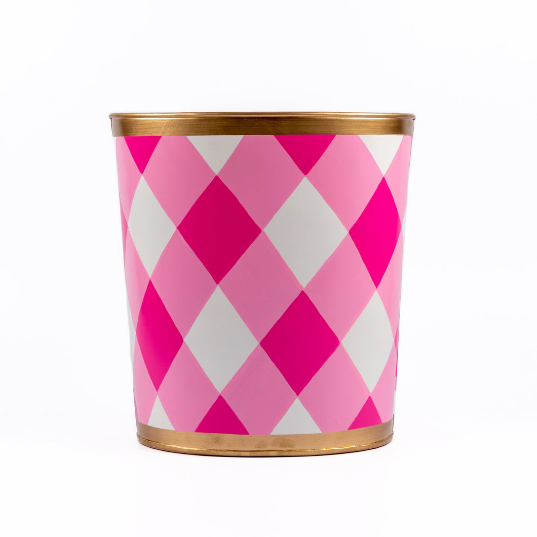 Buffalo Plaid Hand Painted Oval Wastebasket | Pink & White