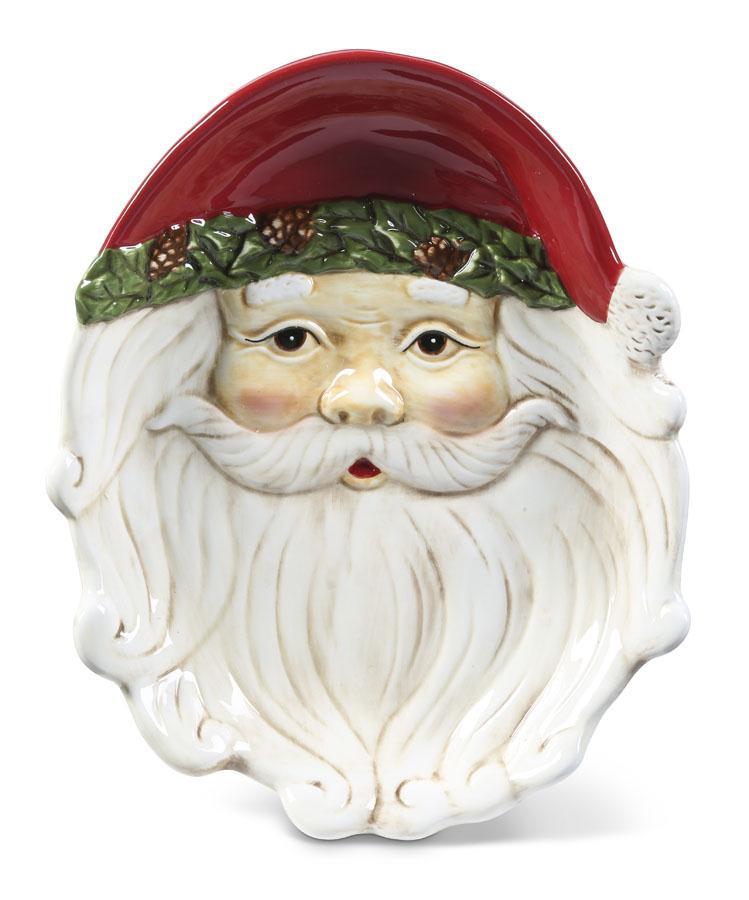 Santa Face Ceramic Plate with Red Hat & Pinecone Tim - 9 Inch