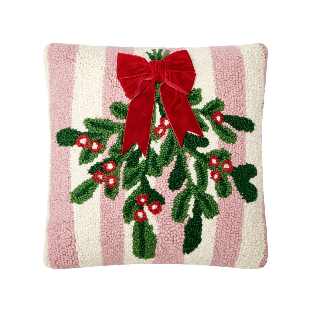 Pink Stripe Mistletoe with Ribbon Pillow, 14 x 14