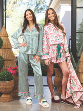 Load image into Gallery viewer, Short Pj Set with Velvet Ties - Pink Stripes + Doily Trees

