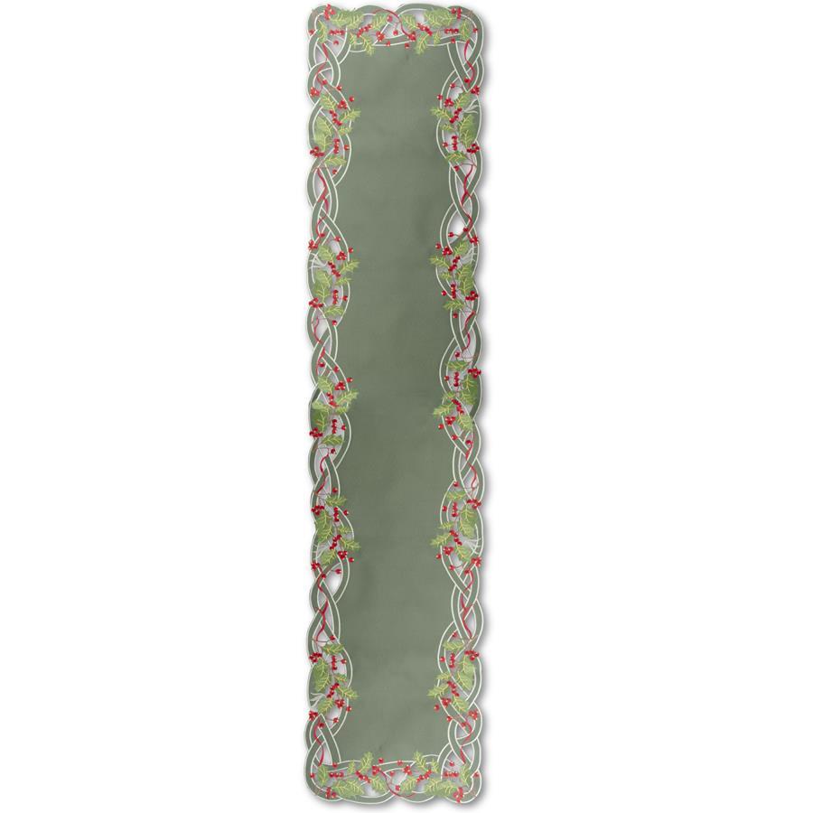 Green Embroidered Cutout Holly and Berry Table Runner(70 inches)