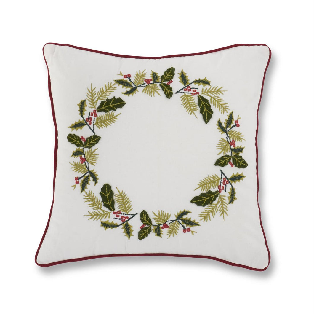 17 Inch Square Embroidered Holly Wreath White Cotton Pillow