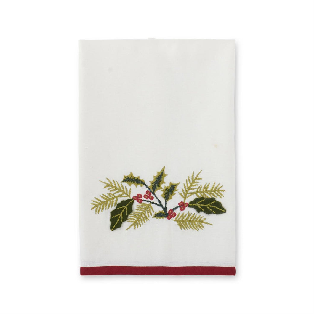 28 Inch Embroidered Holly White Cotton Towel
