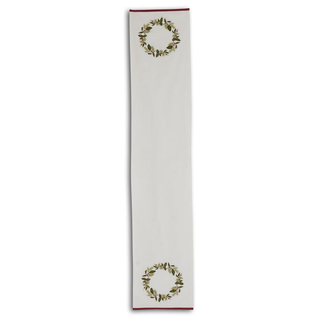 Embroidered Holly Wreath White Cotton Table Runner (72 Inches)
