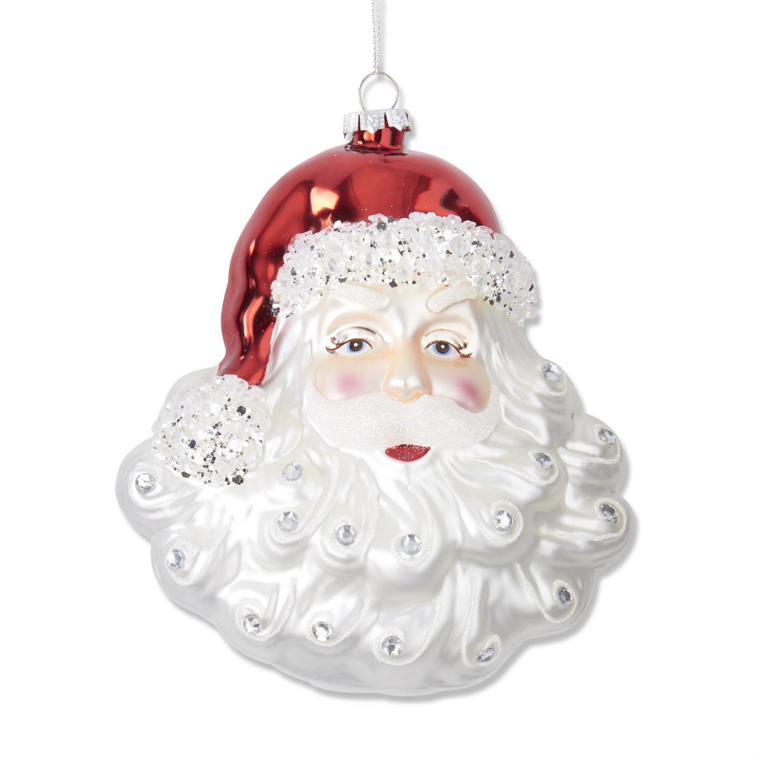 Glittered & Jeweled Blown Glass Santa Head Ornament (6.5 inches)
