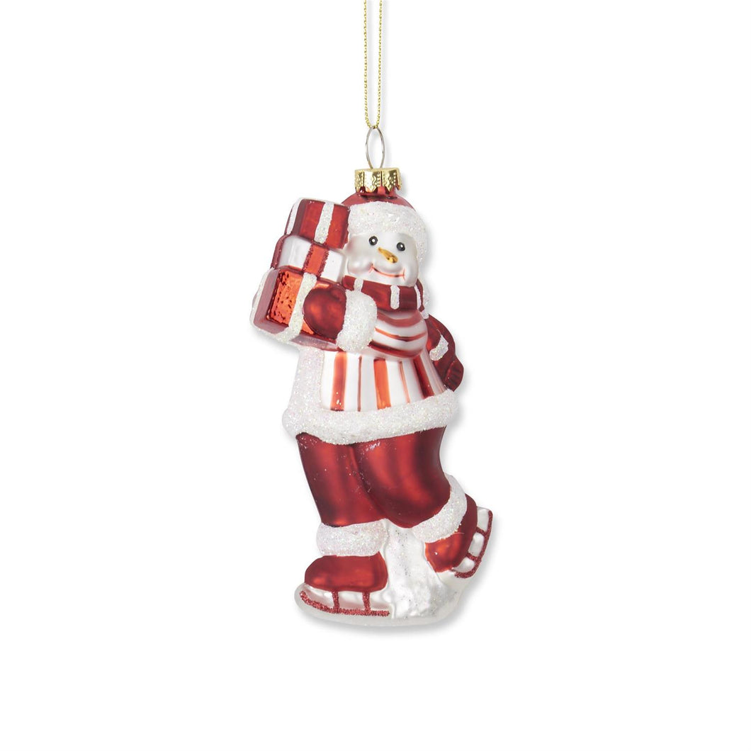 Red & White Glittered Blown Glass Snowman w/Package Ornament (5 Inch)