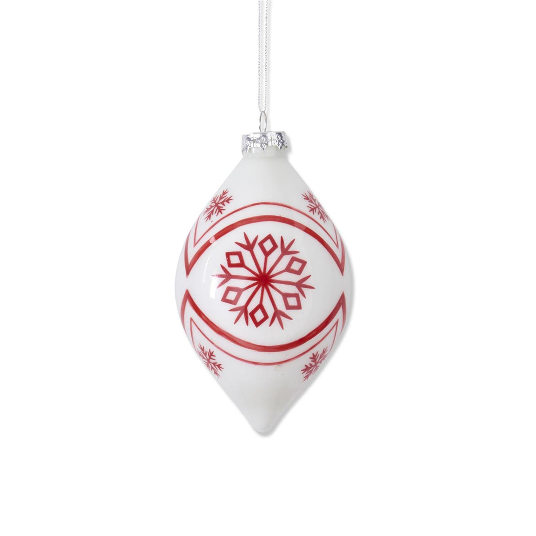 White with Red Snowflakes Glass Teardrop Ornament (5.5 Inch)