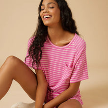 Load image into Gallery viewer, Dream Slouchy Tee Top with Shorts Lounge Set, fuchsia Stripe
