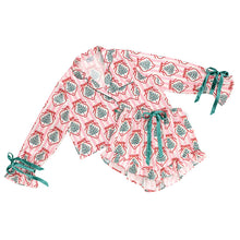 Load image into Gallery viewer, Short Pj Set with Velvet Ties - Pink Stripes + Doily Trees
