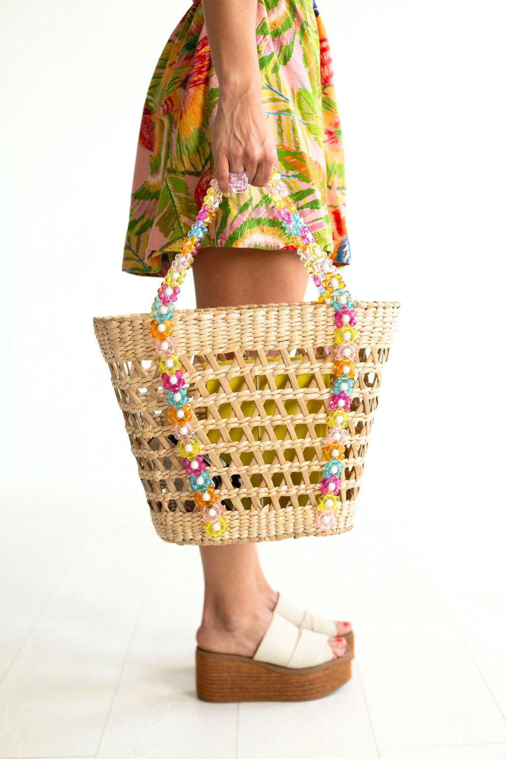 Colorful Beaded Straw Beach Basket Tote