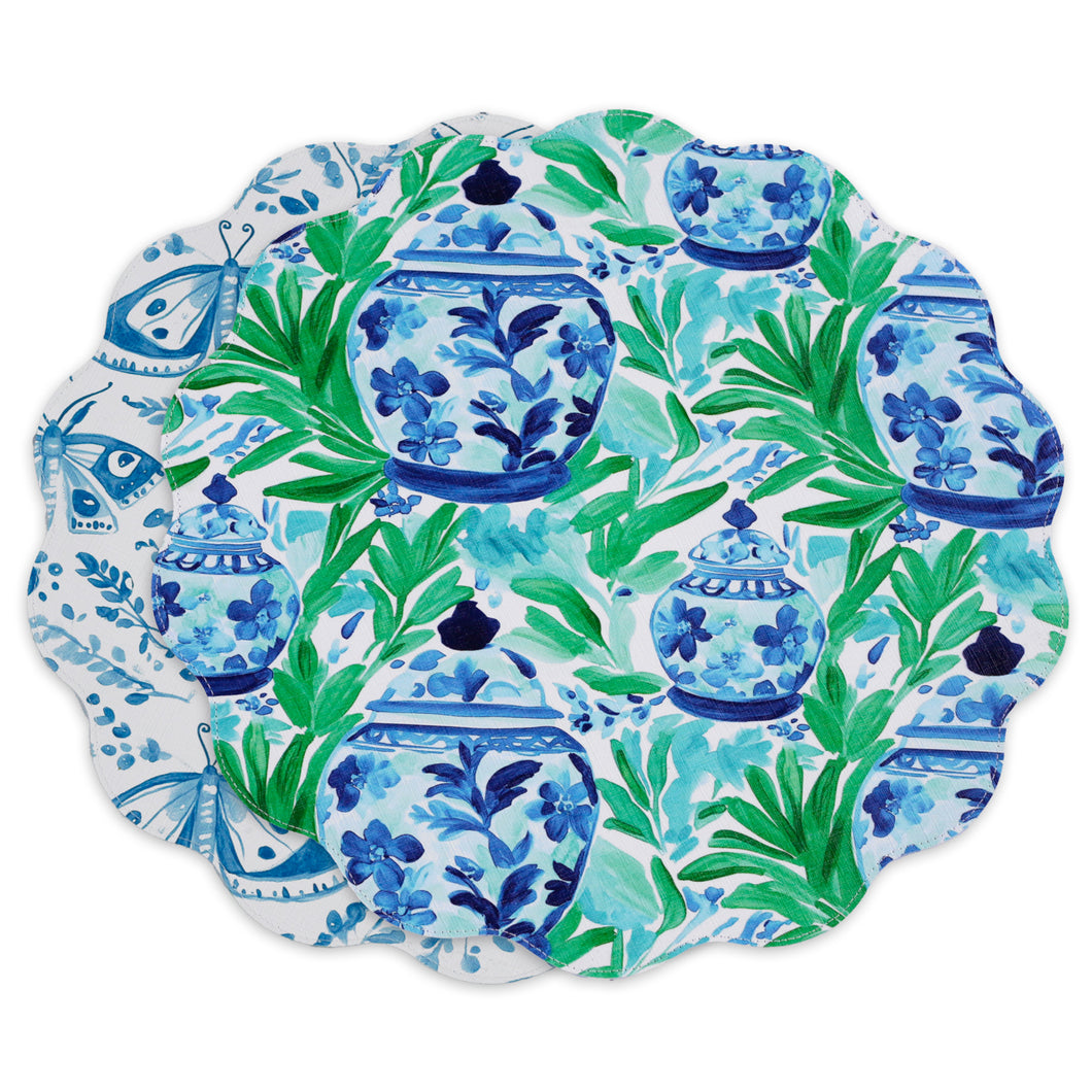 Ginger Jar & Butterflies Reversible Round Placemat, Set of 4 | Blue & Green