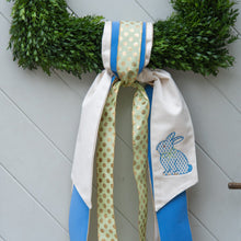 Load image into Gallery viewer, Bunny with Bow Wreath Sash, French Blue with Green Bow

