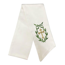 Load image into Gallery viewer, Cross Wreath Sash, Gold with Evergreen Laurel
