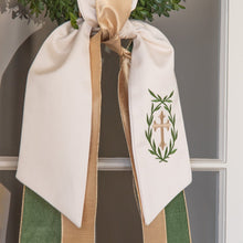Load image into Gallery viewer, Cross Wreath Sash, Gold with Evergreen Laurel
