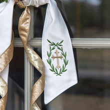 Load image into Gallery viewer, Cross Wreath Sash, Gold with Evergreen Laurel
