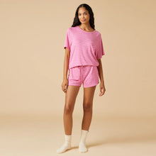 Load image into Gallery viewer, Dream Slouchy Tee Top with Shorts Lounge Set, fuchsia Stripe

