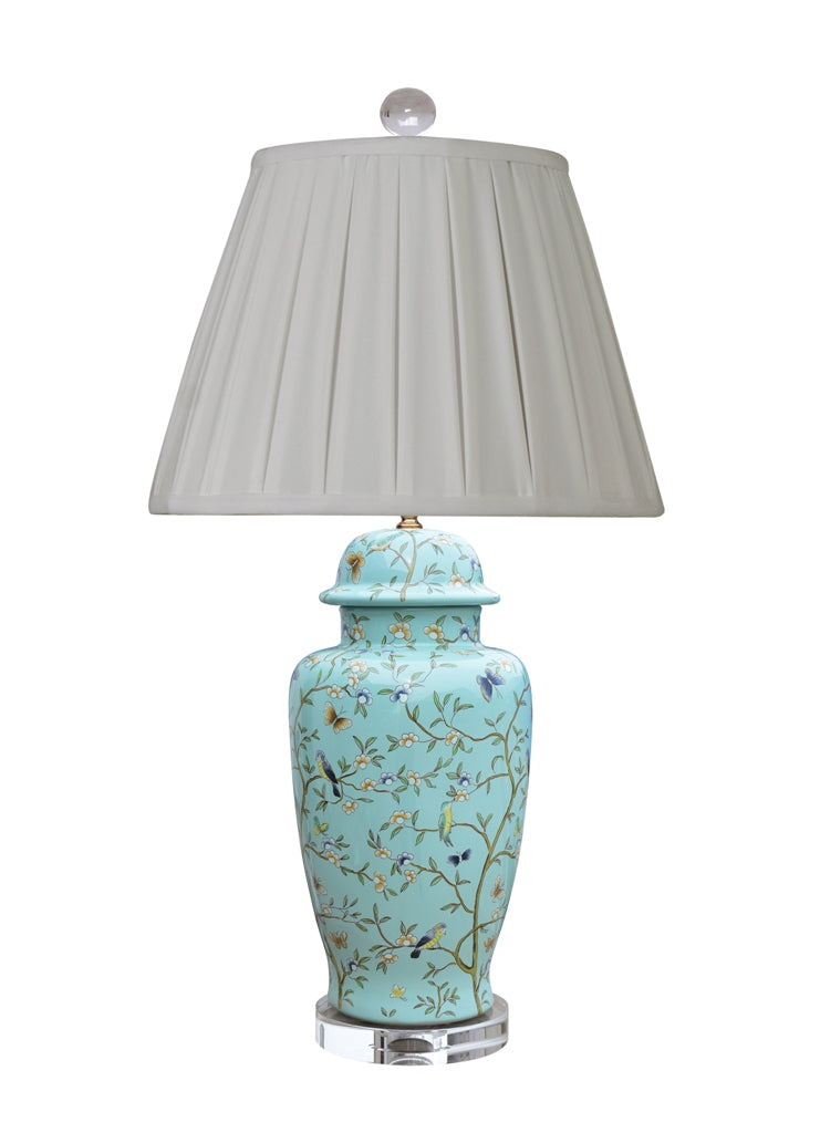 Soft Blue Floral Temple Jar Lamp