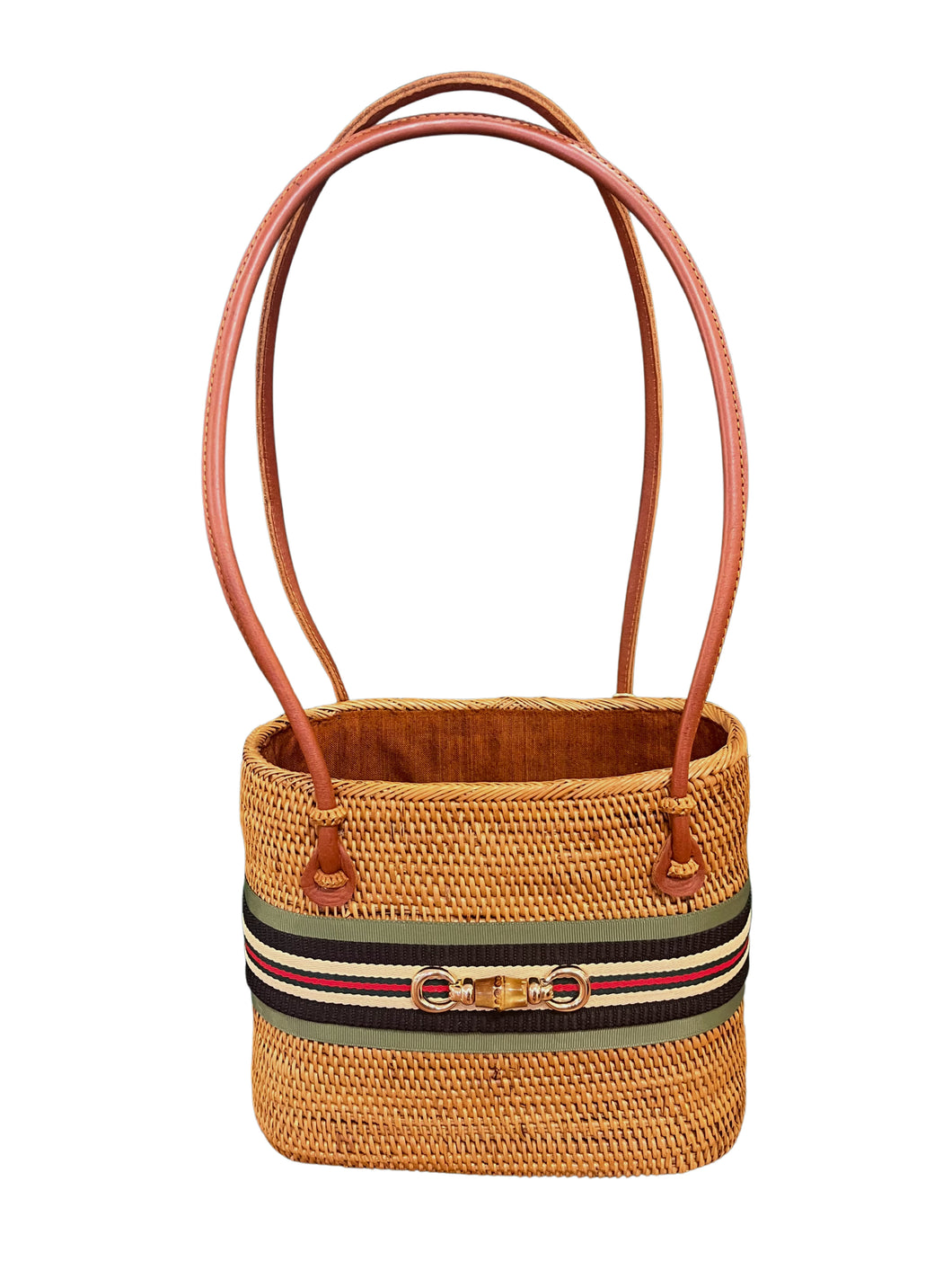 Charlotte Medium Basket Tote with Green Striped Bow & Bamboo Snaffle