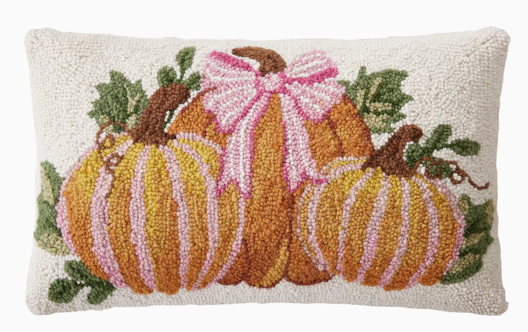Pumpkin Trio with Striped Bow Hook Pillow, 12x20