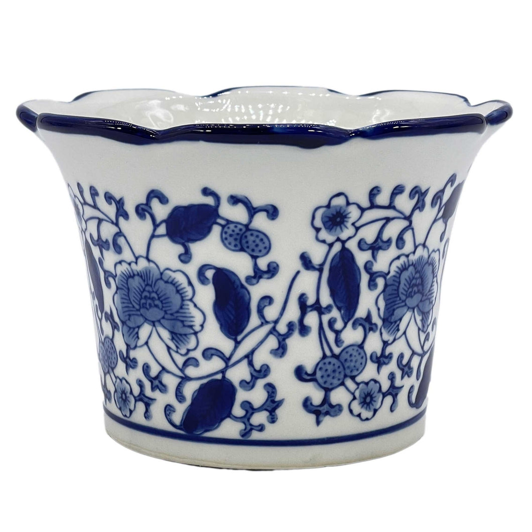Blue & White Floral Ceramic Pots Ruffled Lip (Large)