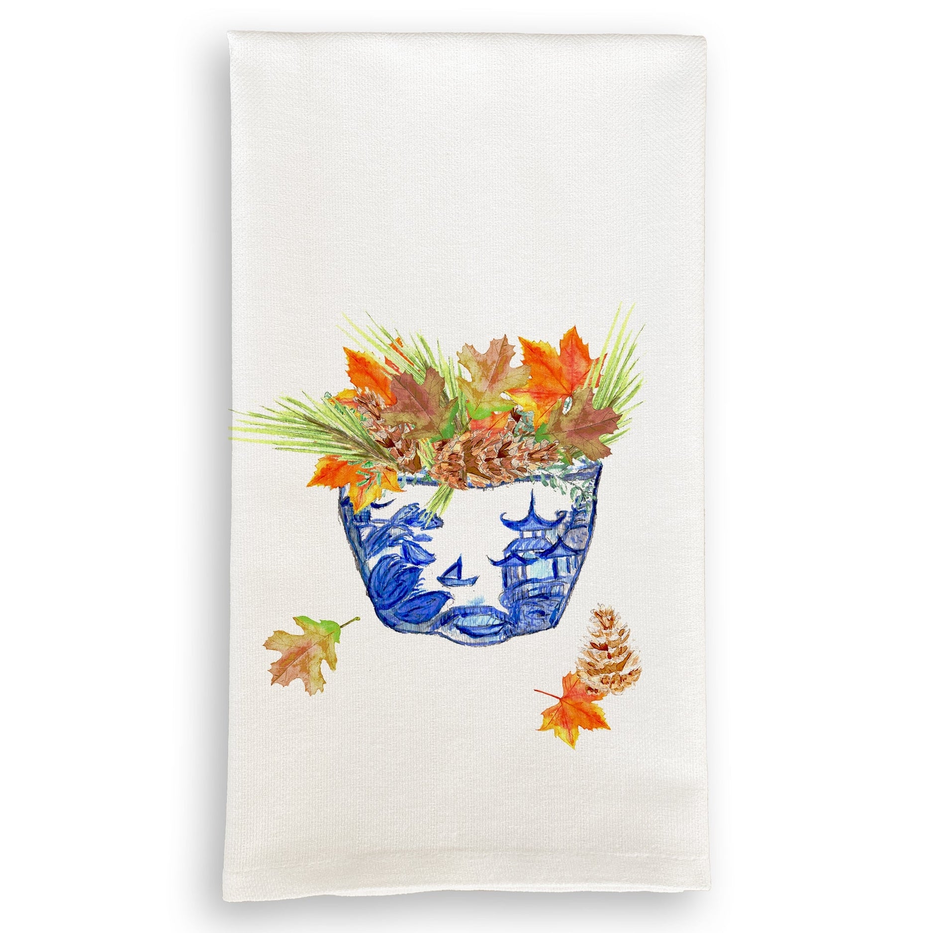 Blue & White Bowl with Fall Leaves Tea Towel