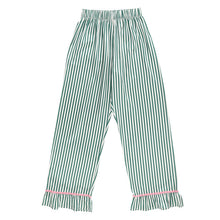 Load image into Gallery viewer, Ruffled Pj Set - Ivory + Green Stripes with Pink Trim
