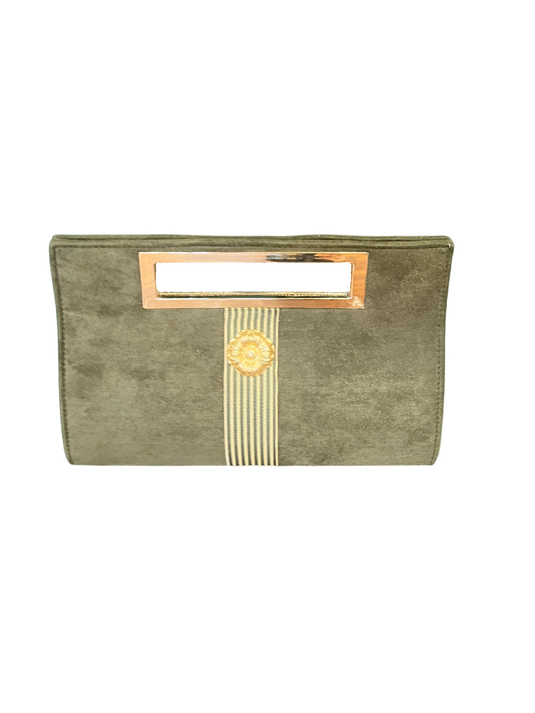 Chloe Olive Suede Clutch, Striped Ribbon & Blossom