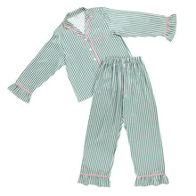Load image into Gallery viewer, Ruffled Pj Set - Ivory + Green Stripes with Pink Trim
