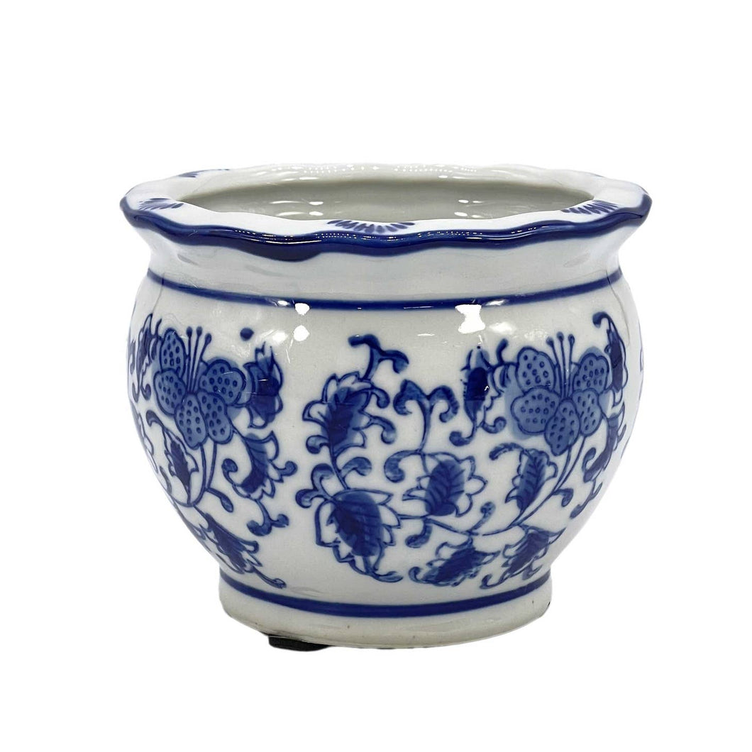 Blue & White Round Ceramic Pots Ruffled Lip (Large)