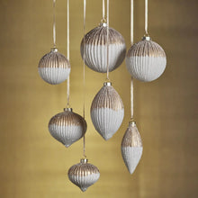 Load image into Gallery viewer, Ribbed Teardrop Matte Ornament, White &amp; Gold
