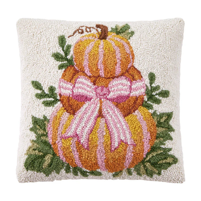 Pumpkin Stack with Striped Bow Hook Pillow, 16x16