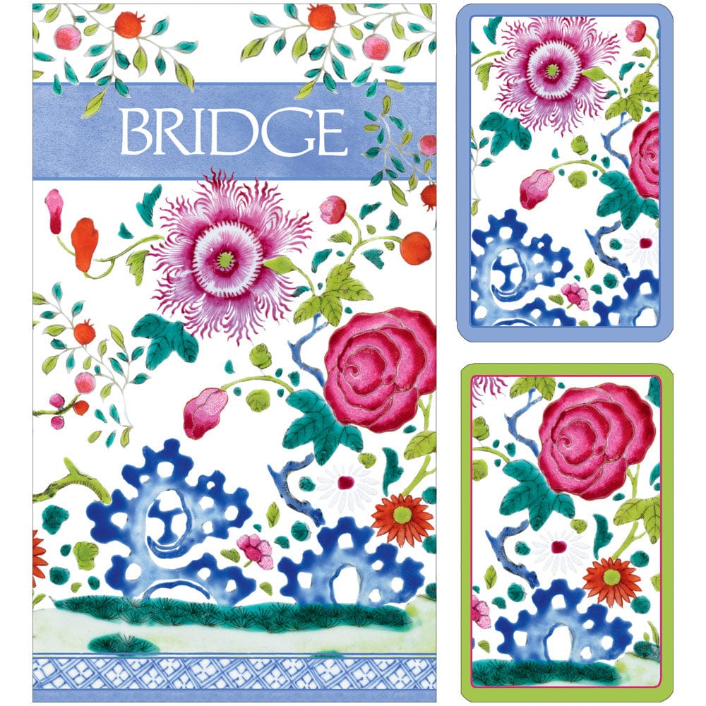 Floral Porcelain Large Type Bridge Gift Set - 2 Playing Card Decks & 2 Score Pads