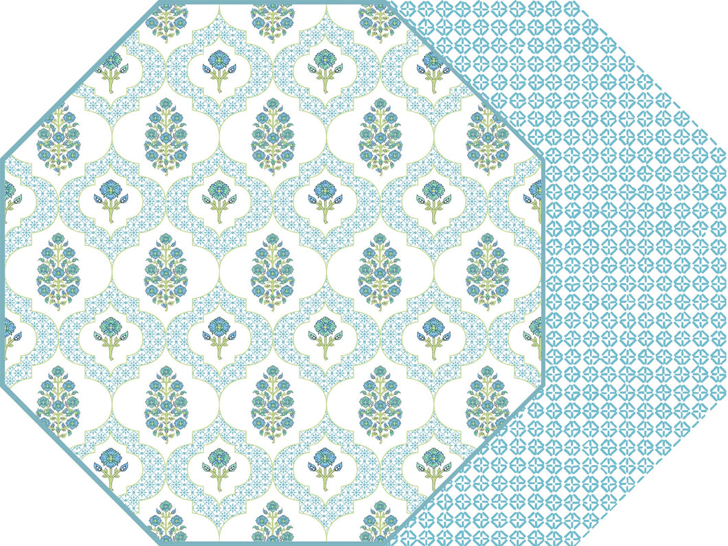 Octagonal Two Sided Indiennes Placemat, Turquoise