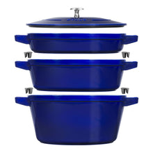 Load image into Gallery viewer, 4-Pc Stackable Enameled Cast Iron Set, Dark Blue

