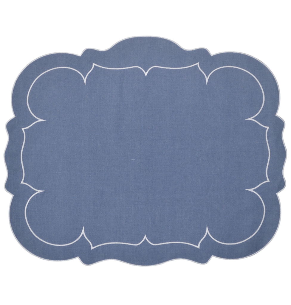Linho Scalloped Rectangular Linen Mat Blue