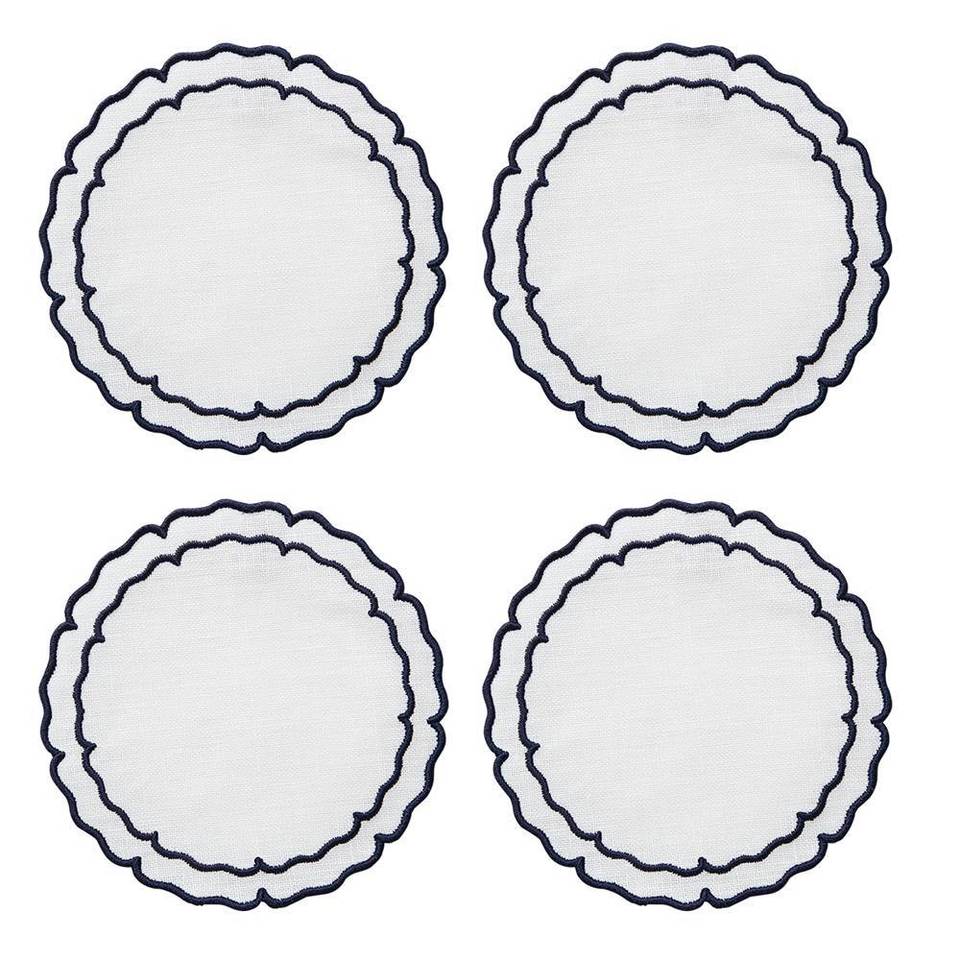 Linho Scalloped Round Coaster Set of 4, Navy/White