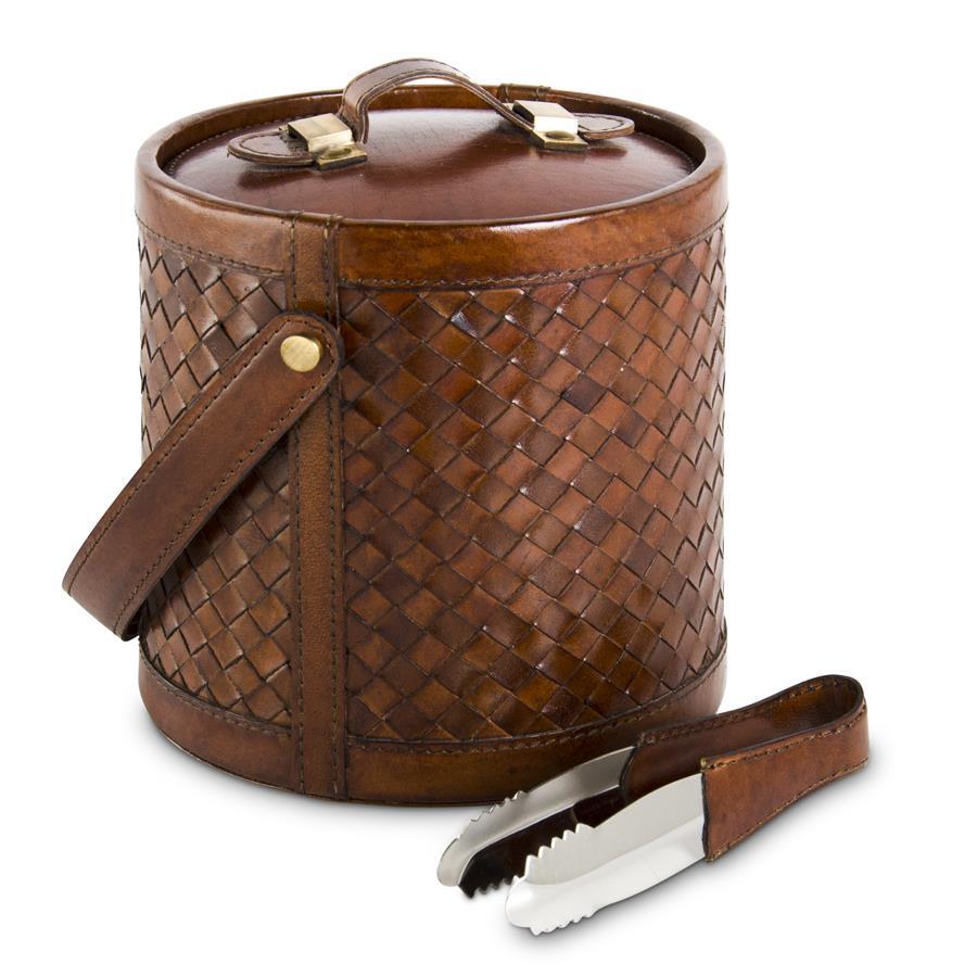 Leather Basketweave Ice Bucket with Tongs