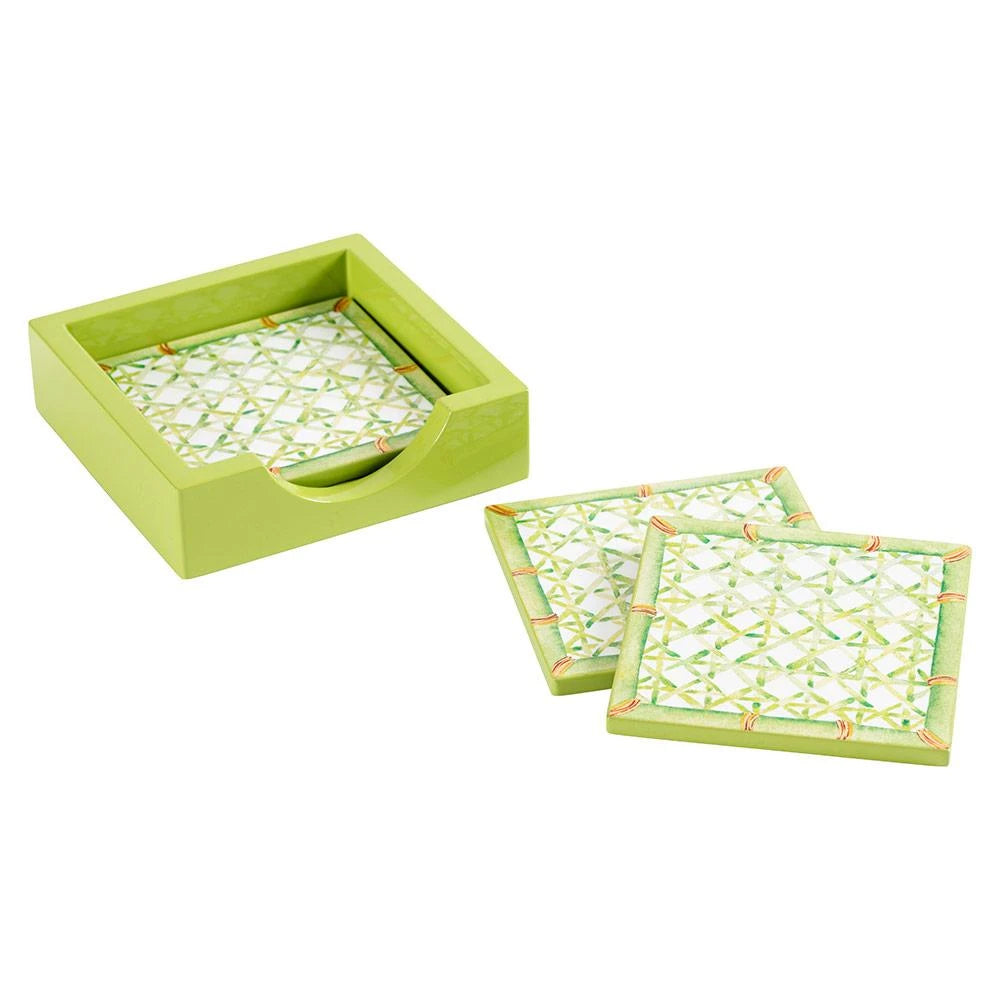 Caspari Trellis Square Lacquer Coaster in Holder - Set of 4