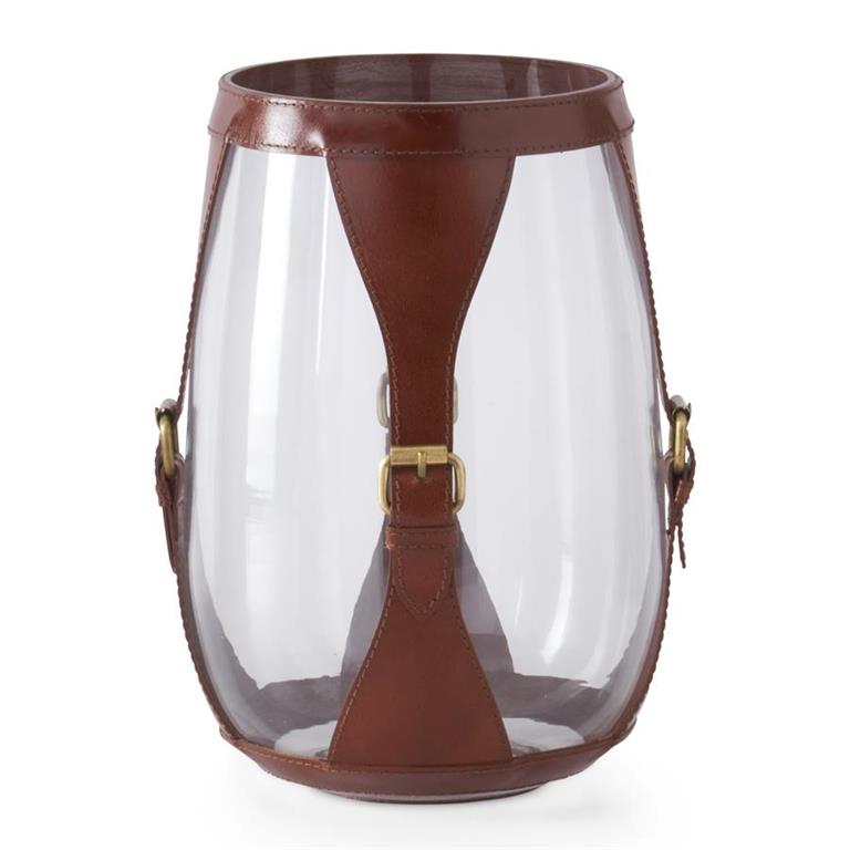 Glass Hurricane with Leather & Brass Detail, 11.75