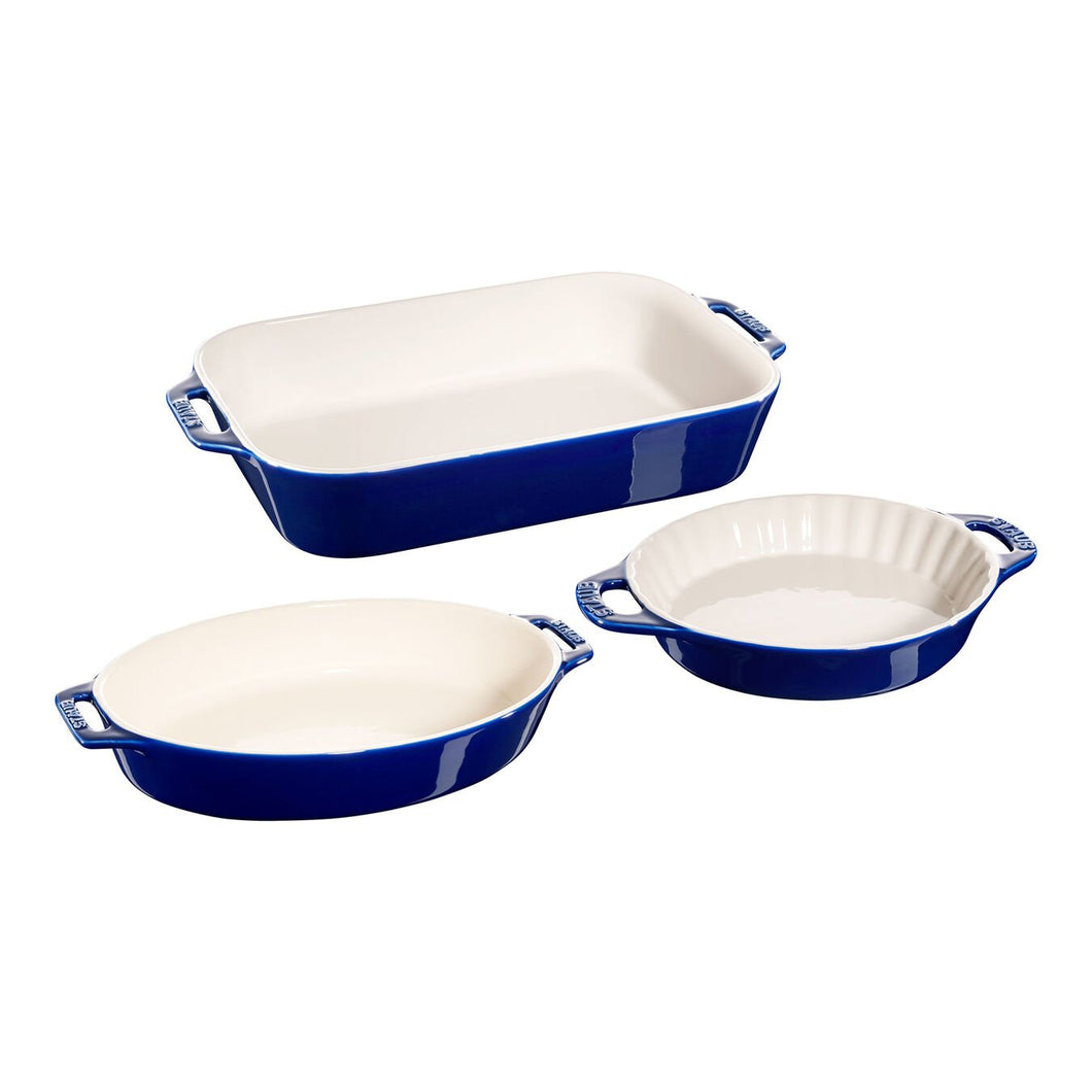 3-Pc Ceramic Mixed Baking Dish Set, Dark Blue