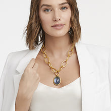 Load image into Gallery viewer, Fleur-de-Lis Statement Necklace, Iridescent Chalcedony Blue
