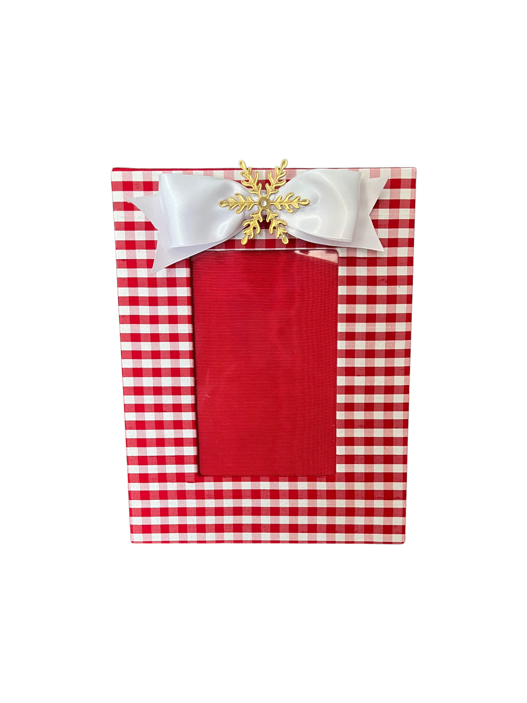 Red Check Silk Frame with White Bow & Snowflake, 5x7