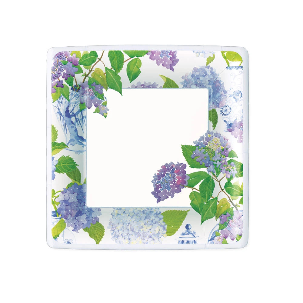 Hydrangeas and Porcelain Square Paper Salad & Dessert Plates - 8 Per Package