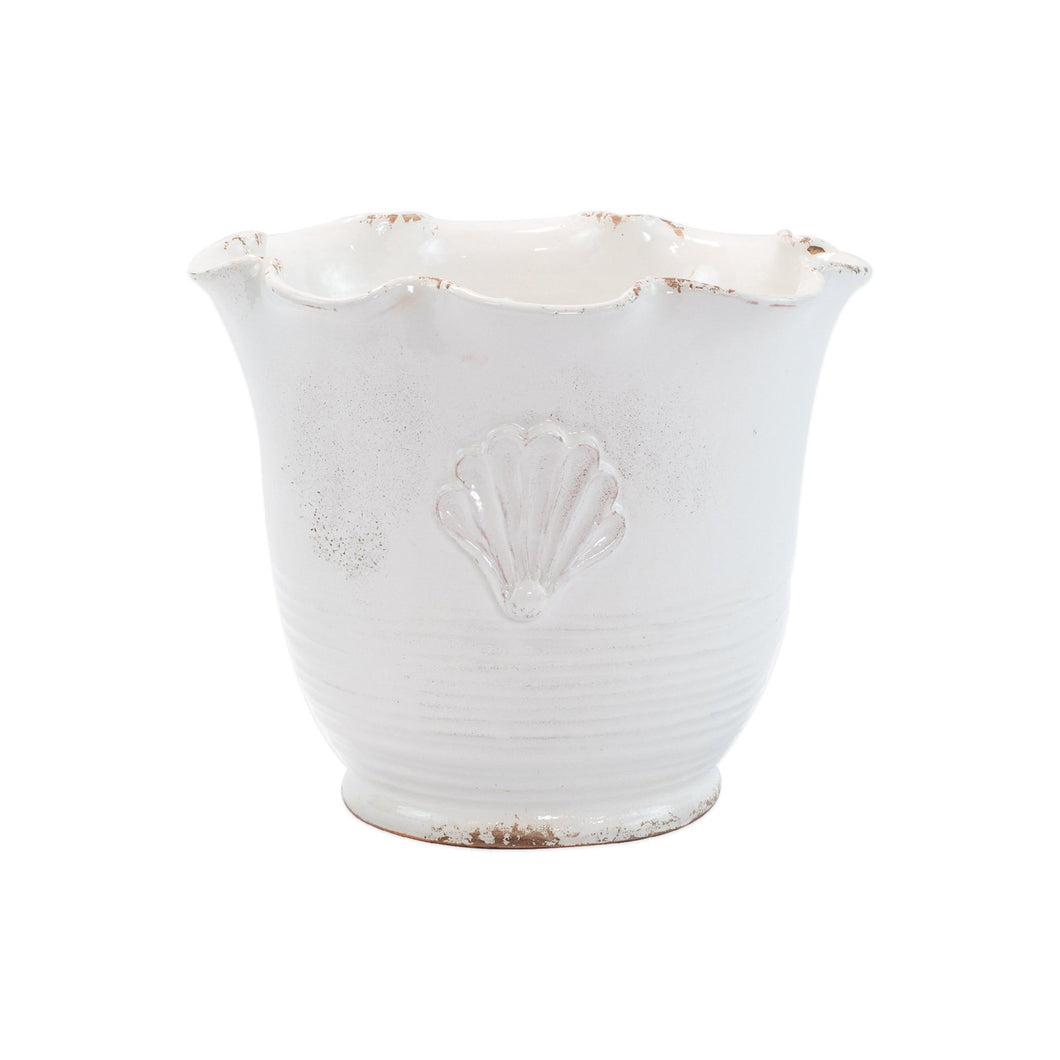 Rustic Garden White Small Scallop Planter with Emblem