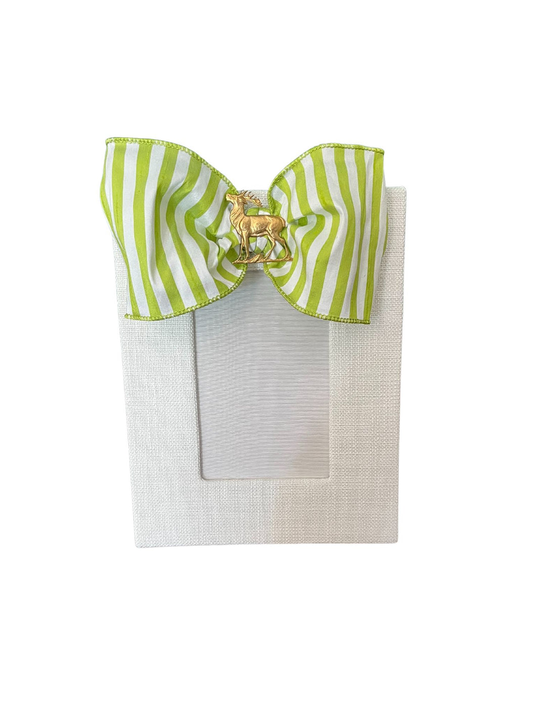 White Linen Frame with Lime Stripe Bow & Reindeer, 4x6
